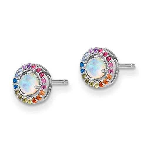 Sterling Silver Opal And Colorful Rainbow CZ Halo Earrings