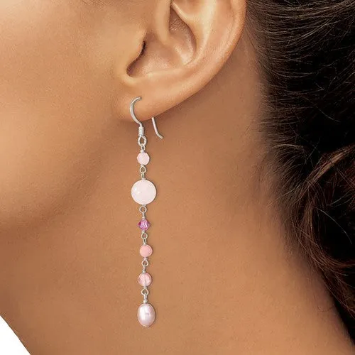 Sterling Silver Pink Pearl, Cherry Rose Quartz, Jade & Rosaline Long Dangle Earrings