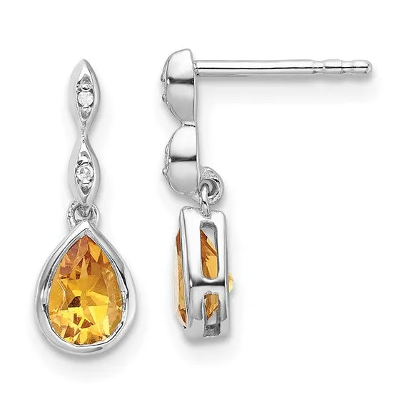 Sterling Silver White Ice Diamond and Citrine Teardrop Earrings