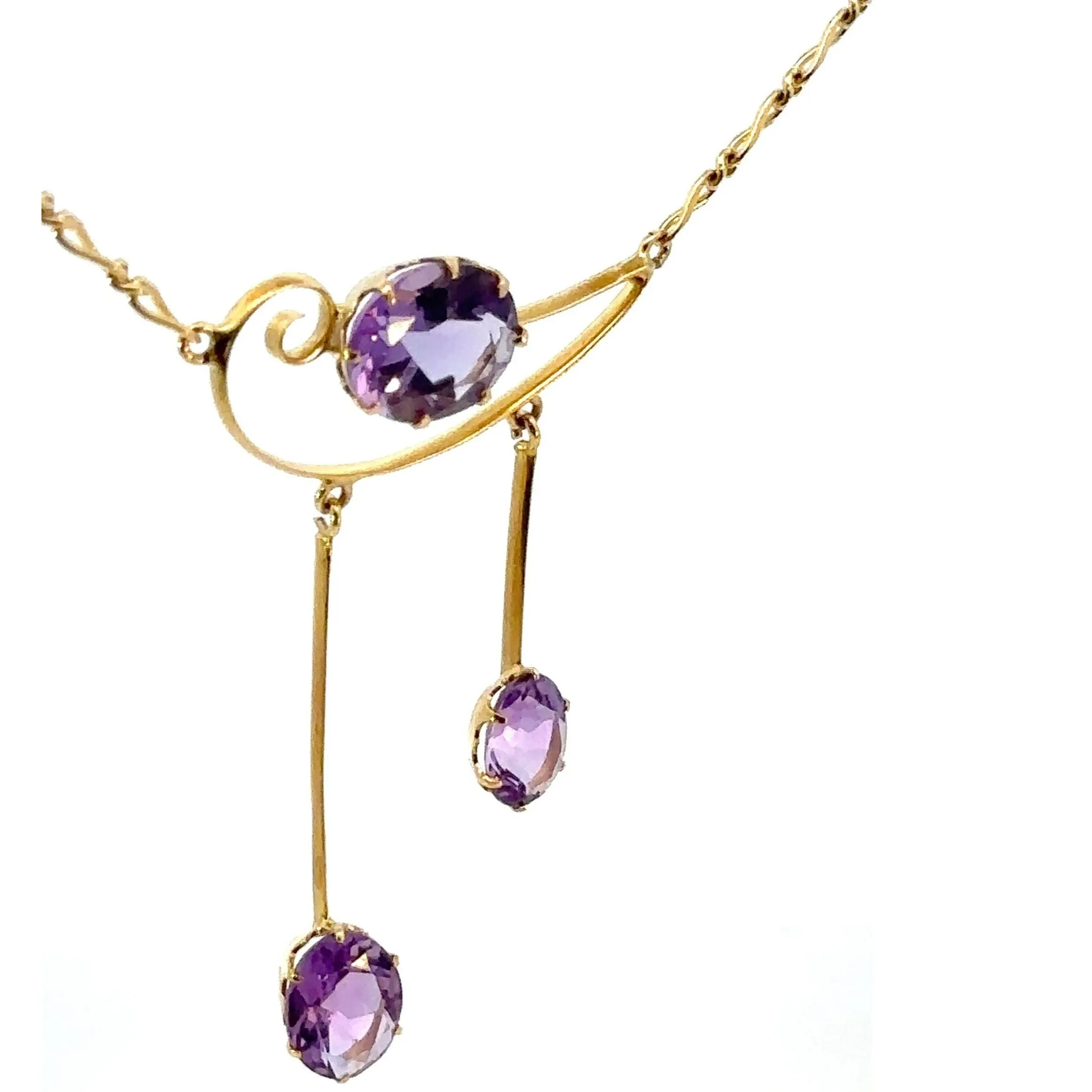 Stunning Antique 9ct Yellow Gold 3 stone Amethyst Necklet