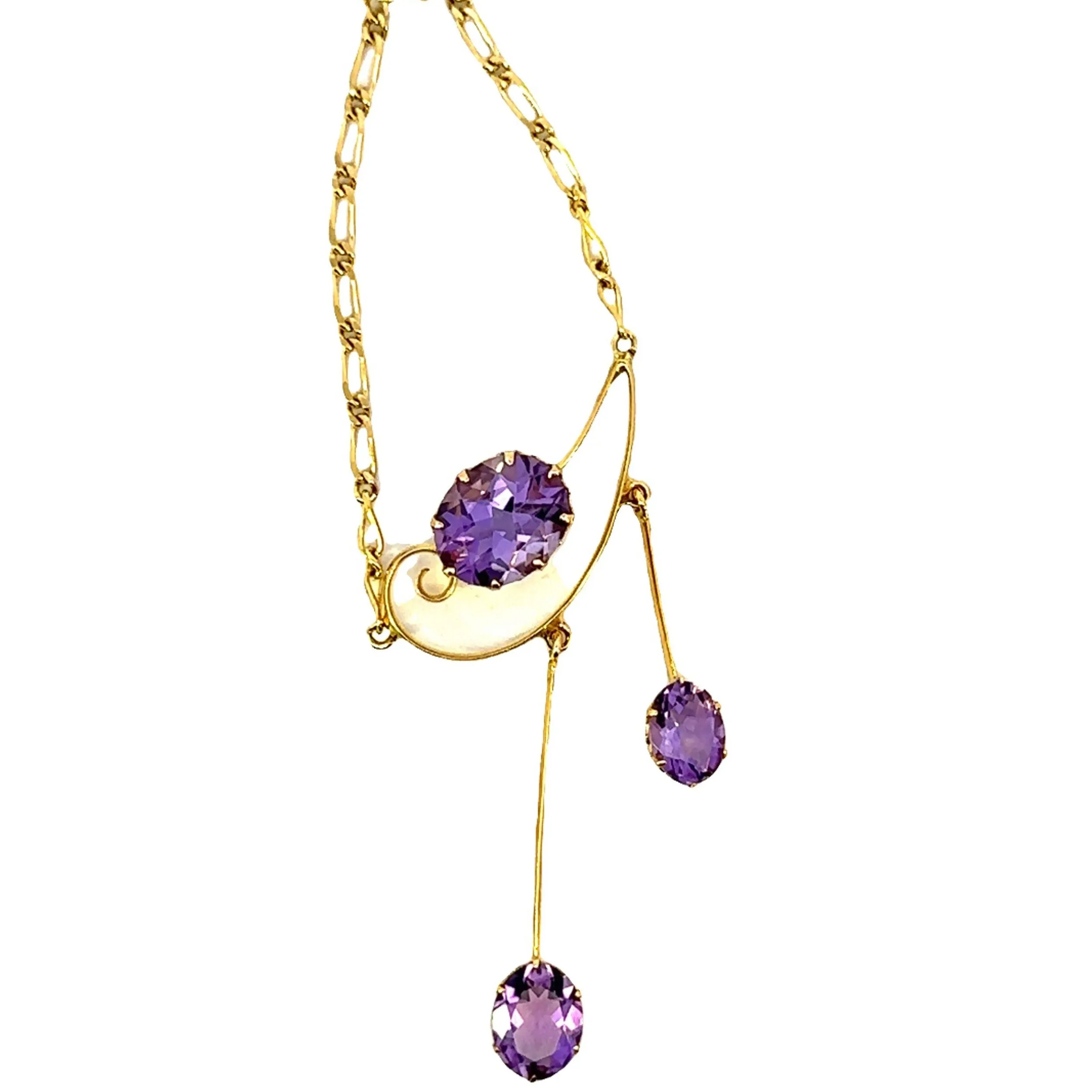 Stunning Antique 9ct Yellow Gold 3 stone Amethyst Necklet