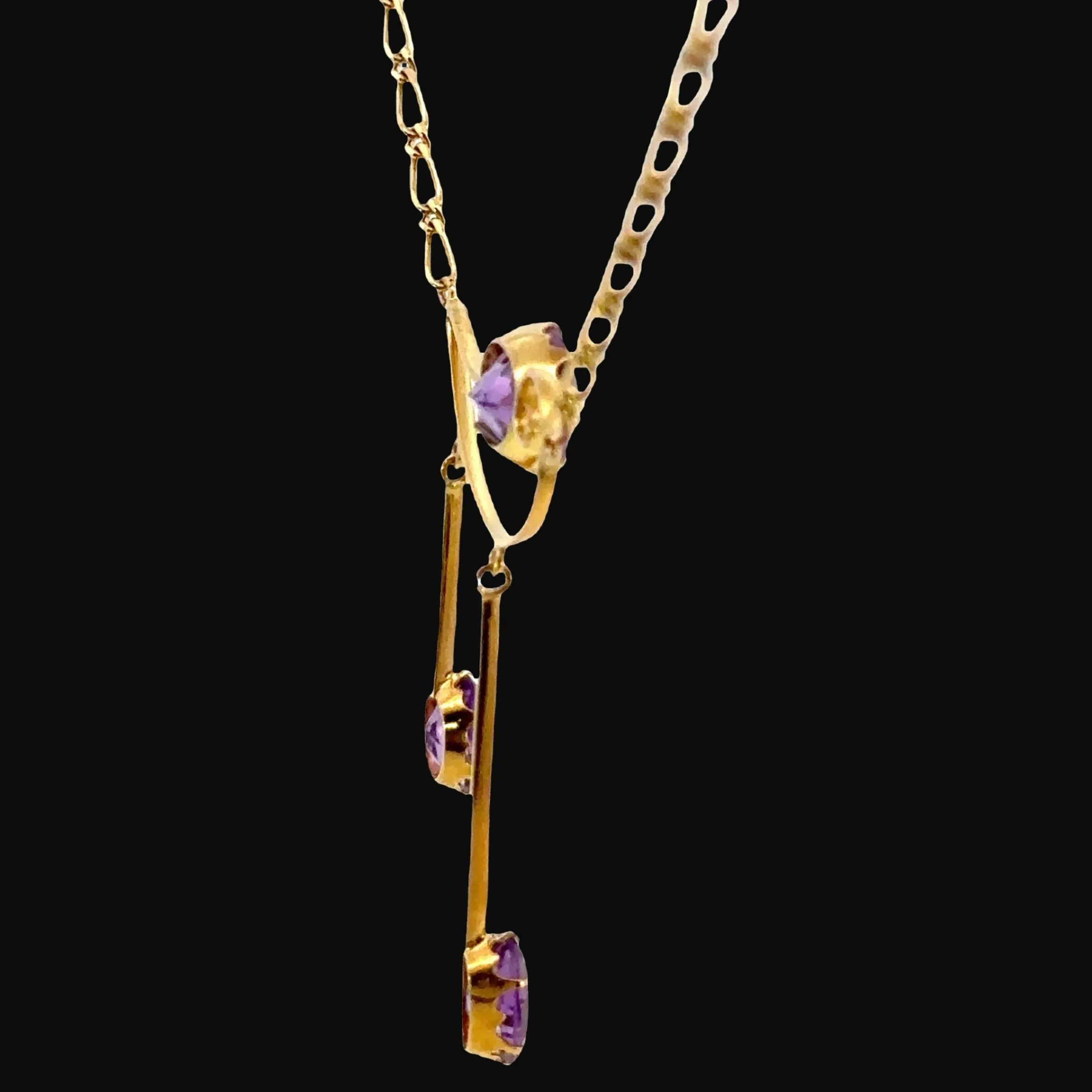 Stunning Antique 9ct Yellow Gold 3 stone Amethyst Necklet