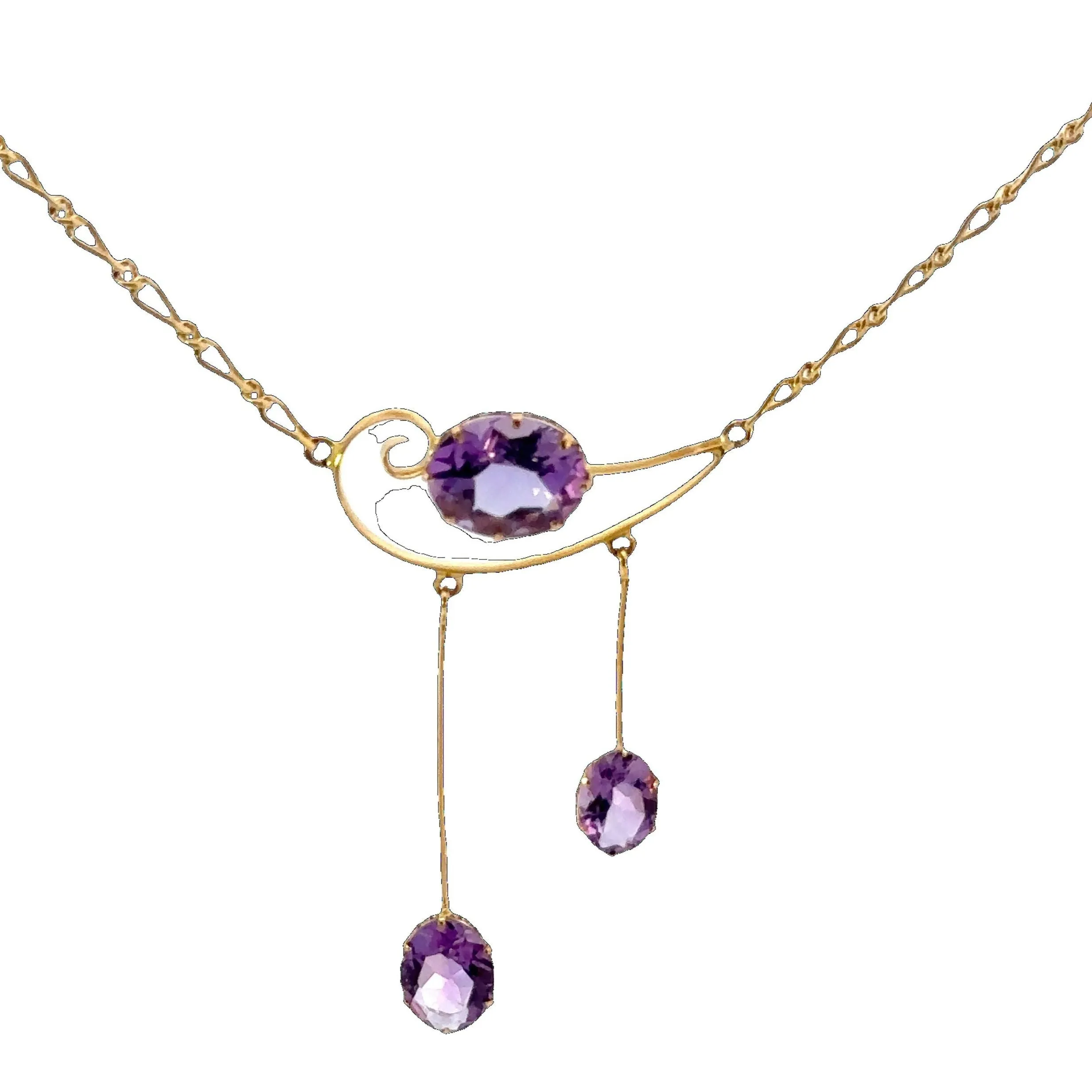 Stunning Antique 9ct Yellow Gold 3 stone Amethyst Necklet