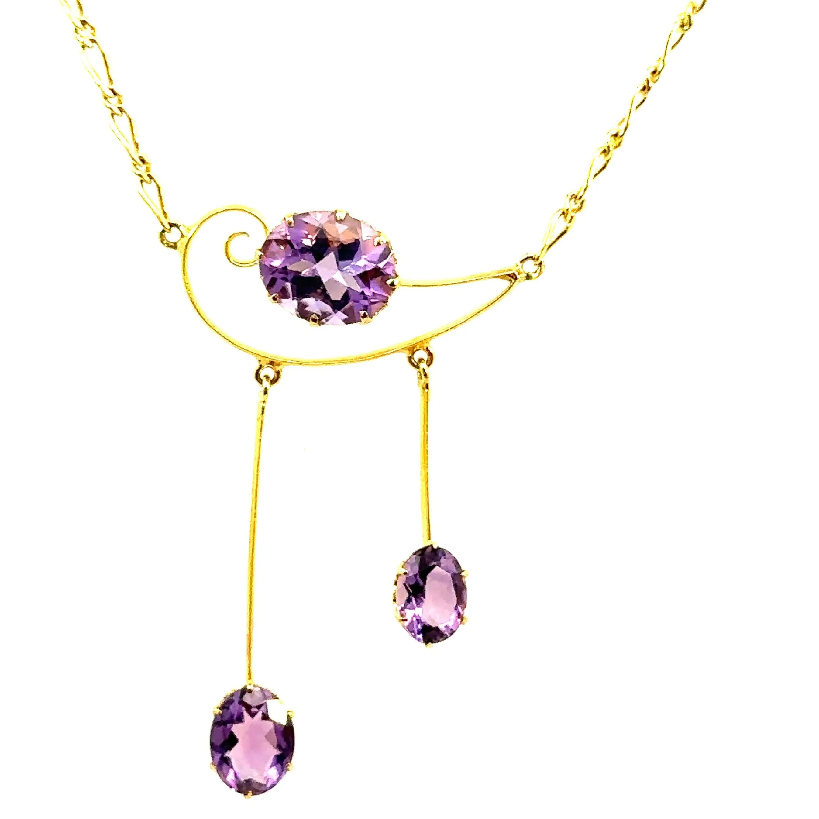 Stunning Antique 9ct Yellow Gold 3 stone Amethyst Necklet