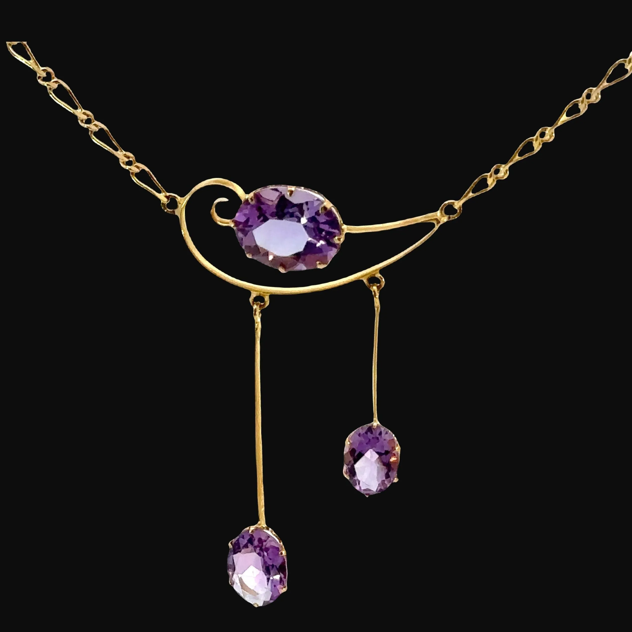 Stunning Antique 9ct Yellow Gold 3 stone Amethyst Necklet