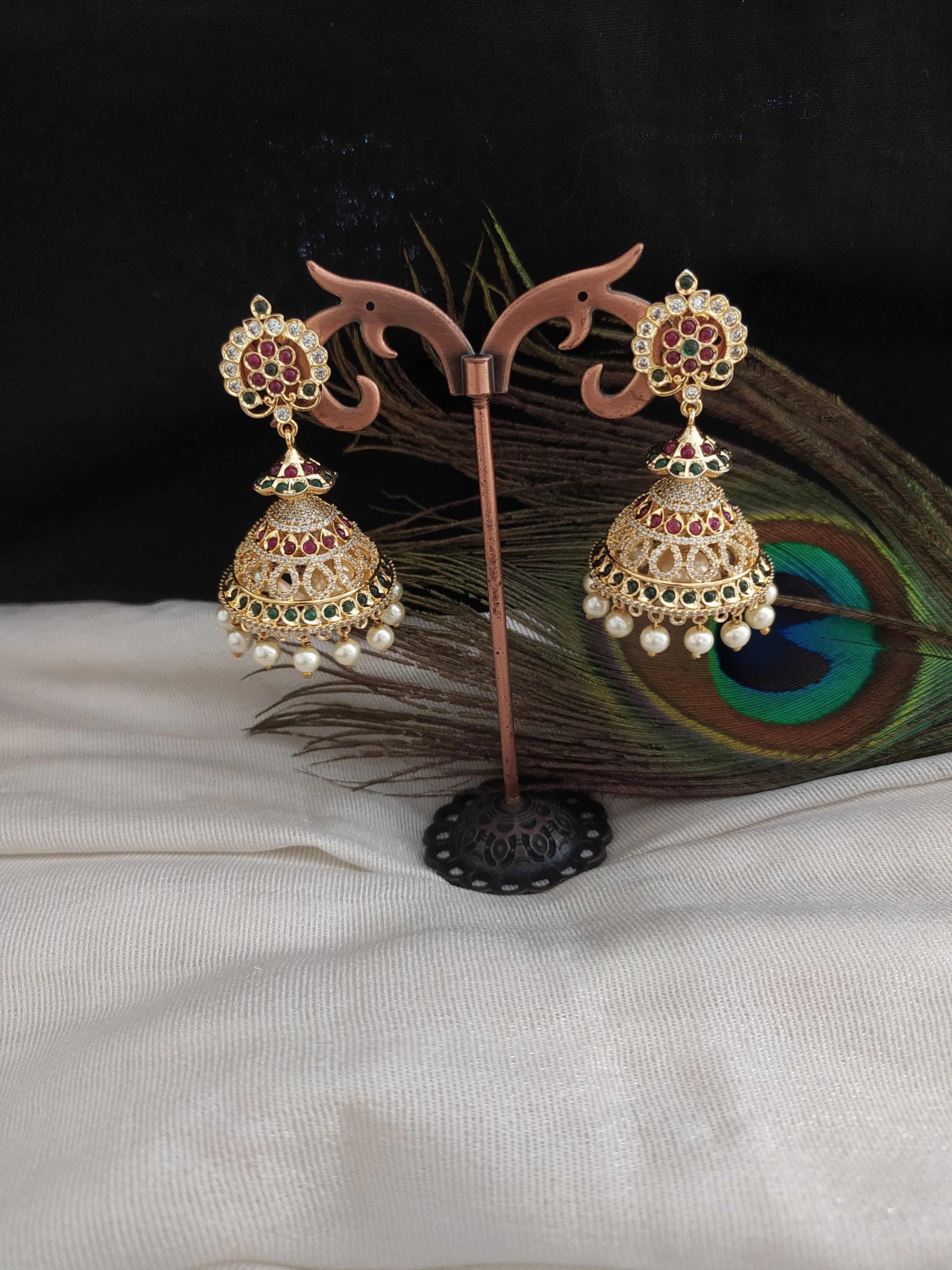 Stunning Gold Plated Jhumka With Zircon Stones With Pearl Drops