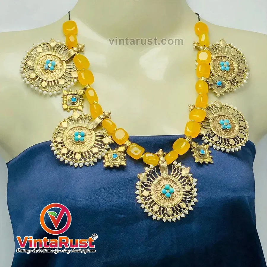 Stunning Yellow Stones Beaded Vintage Necklace