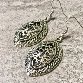 TIBETAN SILVER CARVED HOLLOW PENDANT DROP EARRINGS