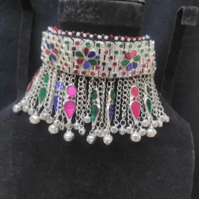 Tribal Choker With Dangling Tassels and Glass Stones