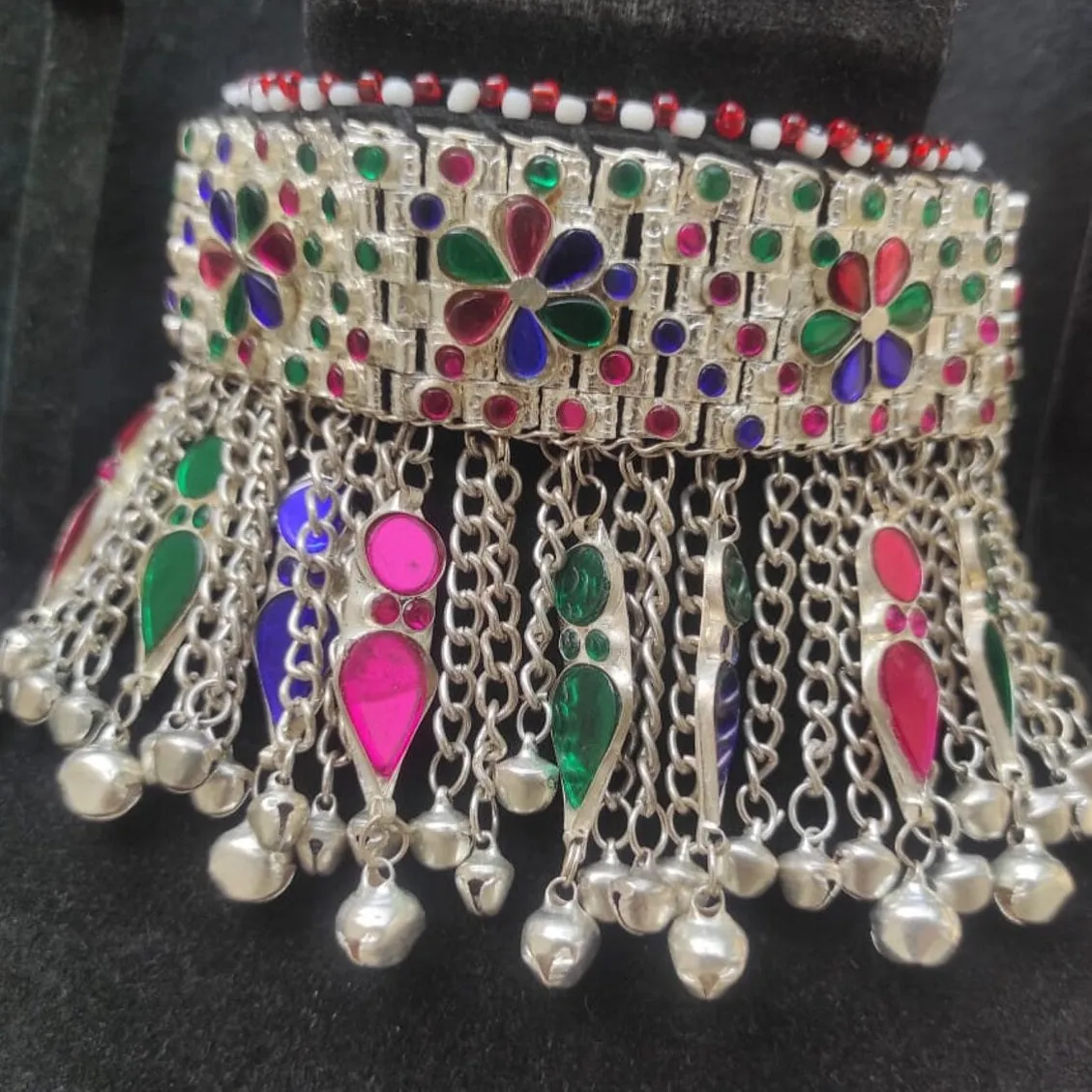 Tribal Choker With Dangling Tassels and Glass Stones