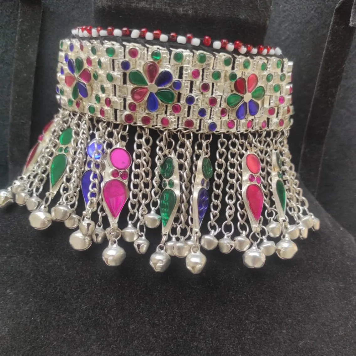 Tribal Choker With Dangling Tassels and Glass Stones