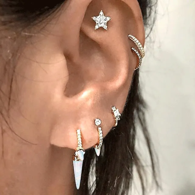 Triple Opal Diamond Spike Clicker Earring by Maria Tash in Yellow Gold