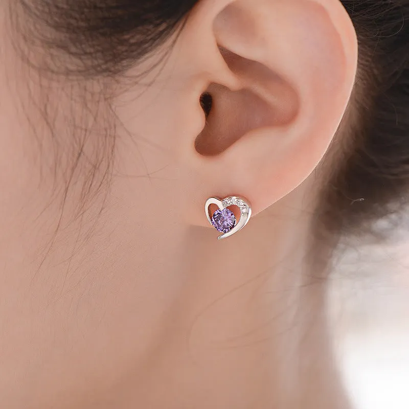 Two Colour Zircon Heart-shaped Silver Studs Earrings for Women