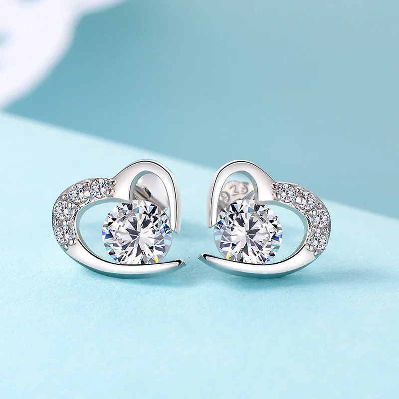 Two Colour Zircon Heart-shaped Silver Studs Earrings for Women