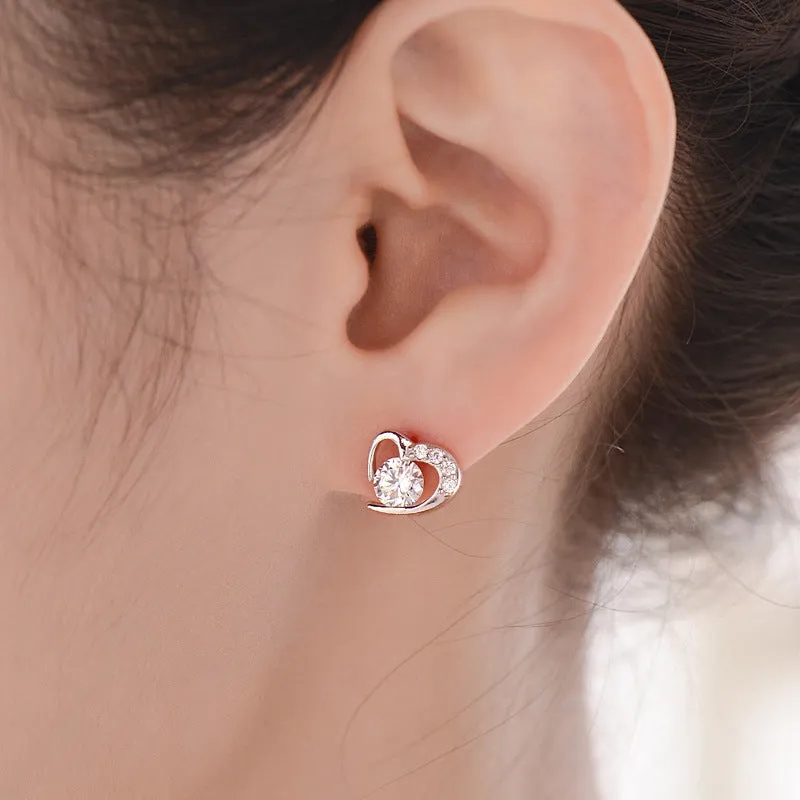 Two Colour Zircon Heart-shaped Silver Studs Earrings for Women