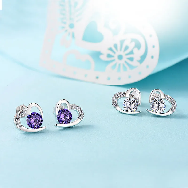 Two Colour Zircon Heart-shaped Silver Studs Earrings for Women