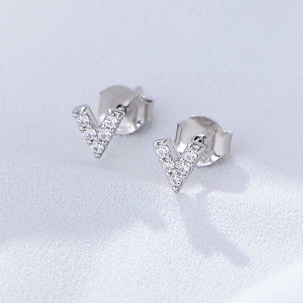 V Letter Zircon Silver Studs Earrings for Women