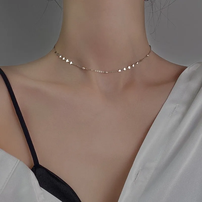 VenusFox Sterling Silver Peach Heart Choker Necklace Clavicle Chain Short Choker Necklace For Women Fine Jewelry Brithday Gift