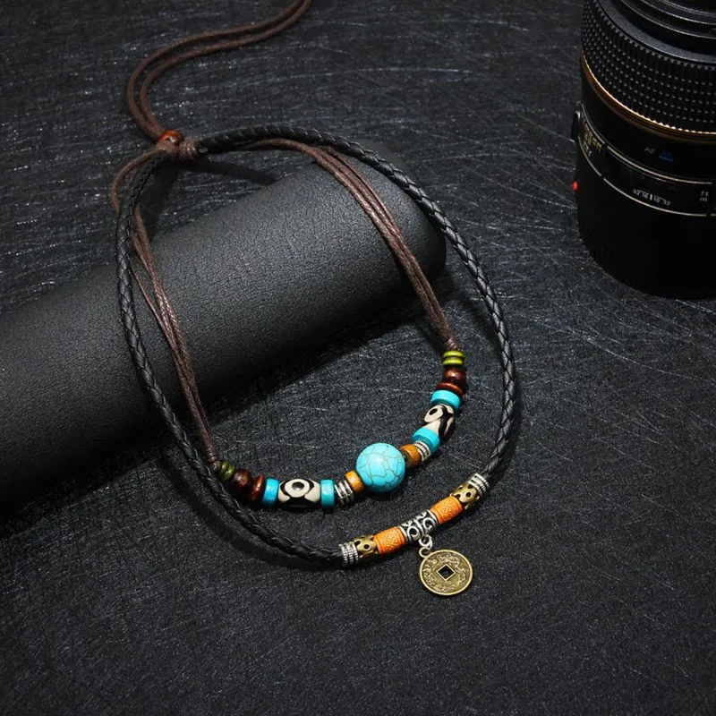 VenusFox Vintage Necklace Ancient Tribe Man Hemp Leather Bead Choker