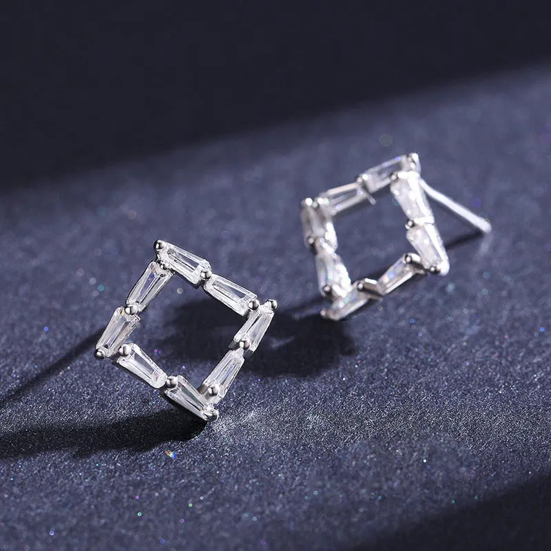 Versatile Fashion Sterling Silver Square Stud Earrings with Zircon for Women