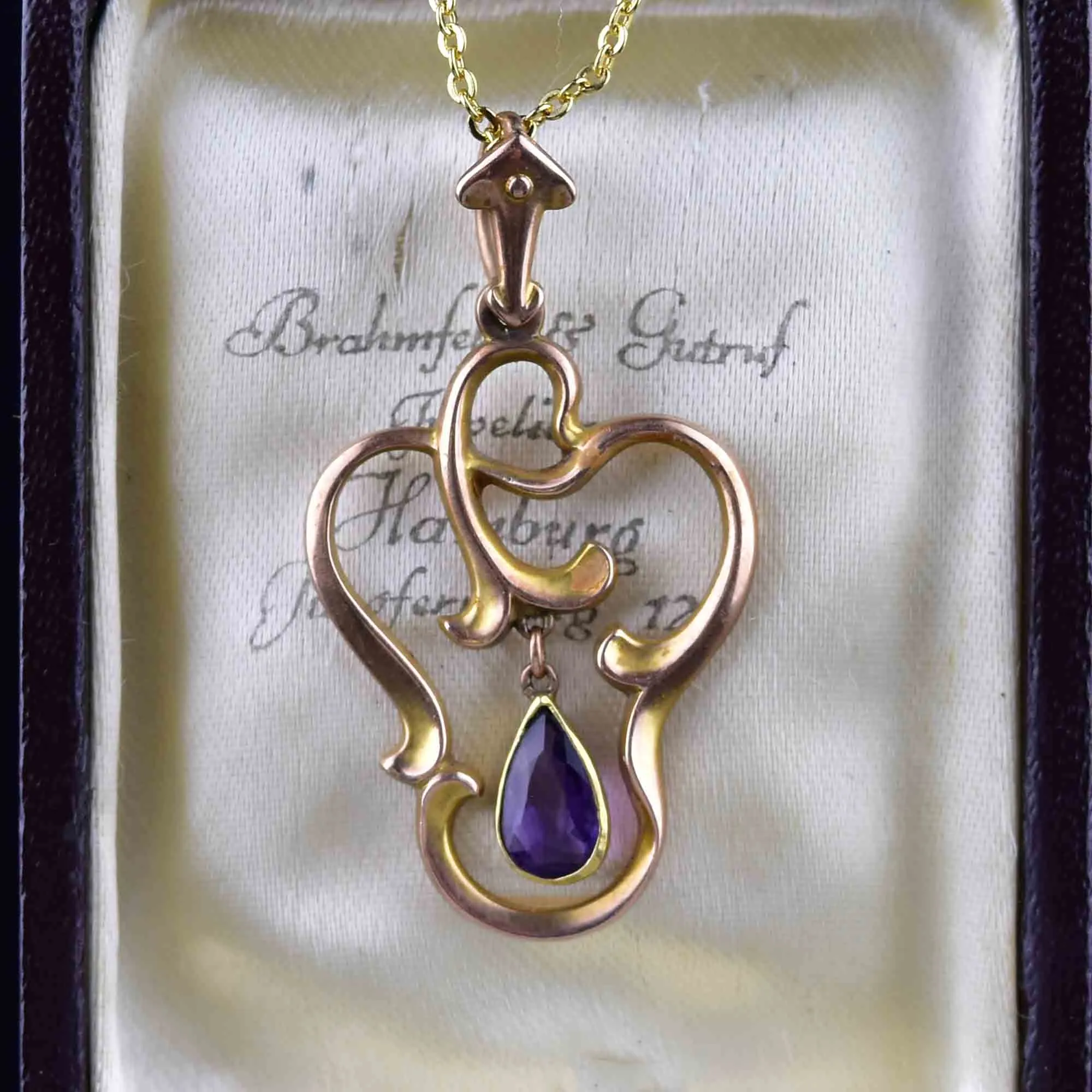 Vintage 10K Gold Amethyst Art Nouveau Style Lavalier Pendant Necklace