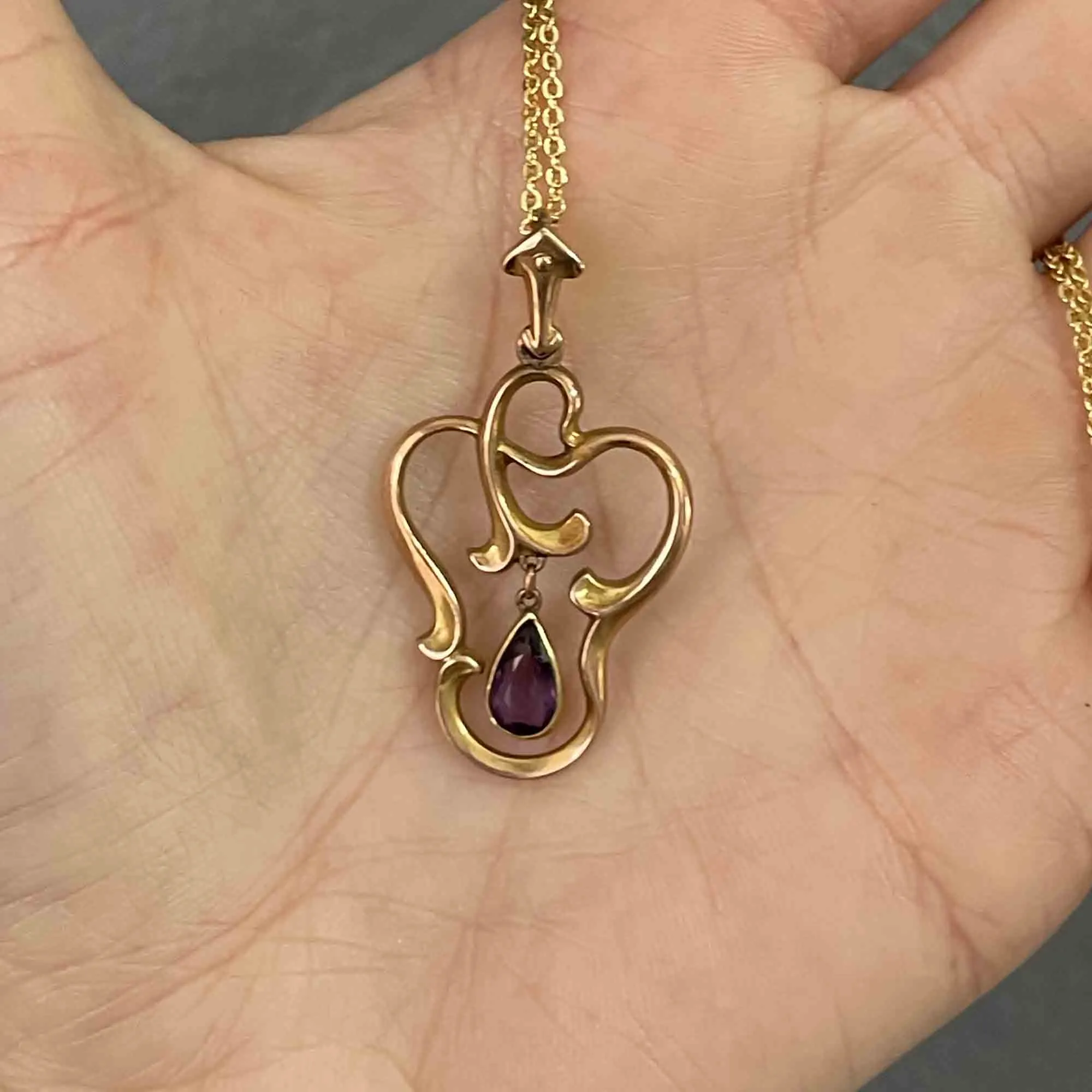 Vintage 10K Gold Amethyst Art Nouveau Style Lavalier Pendant Necklace