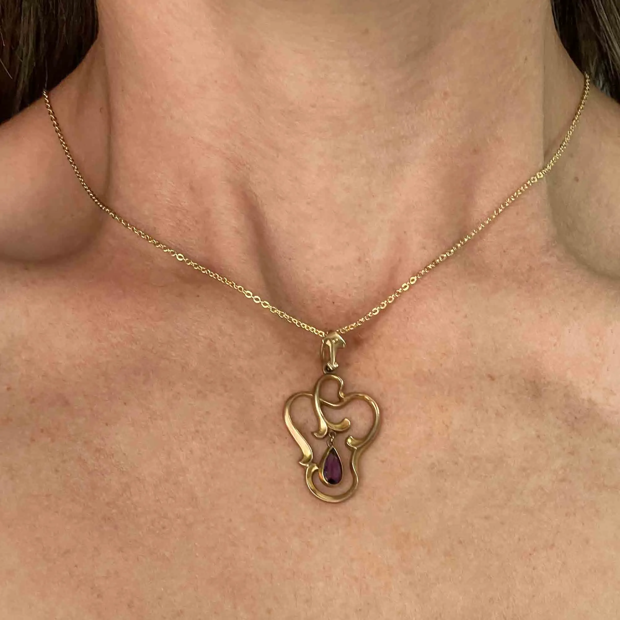 Vintage 10K Gold Amethyst Art Nouveau Style Lavalier Pendant Necklace