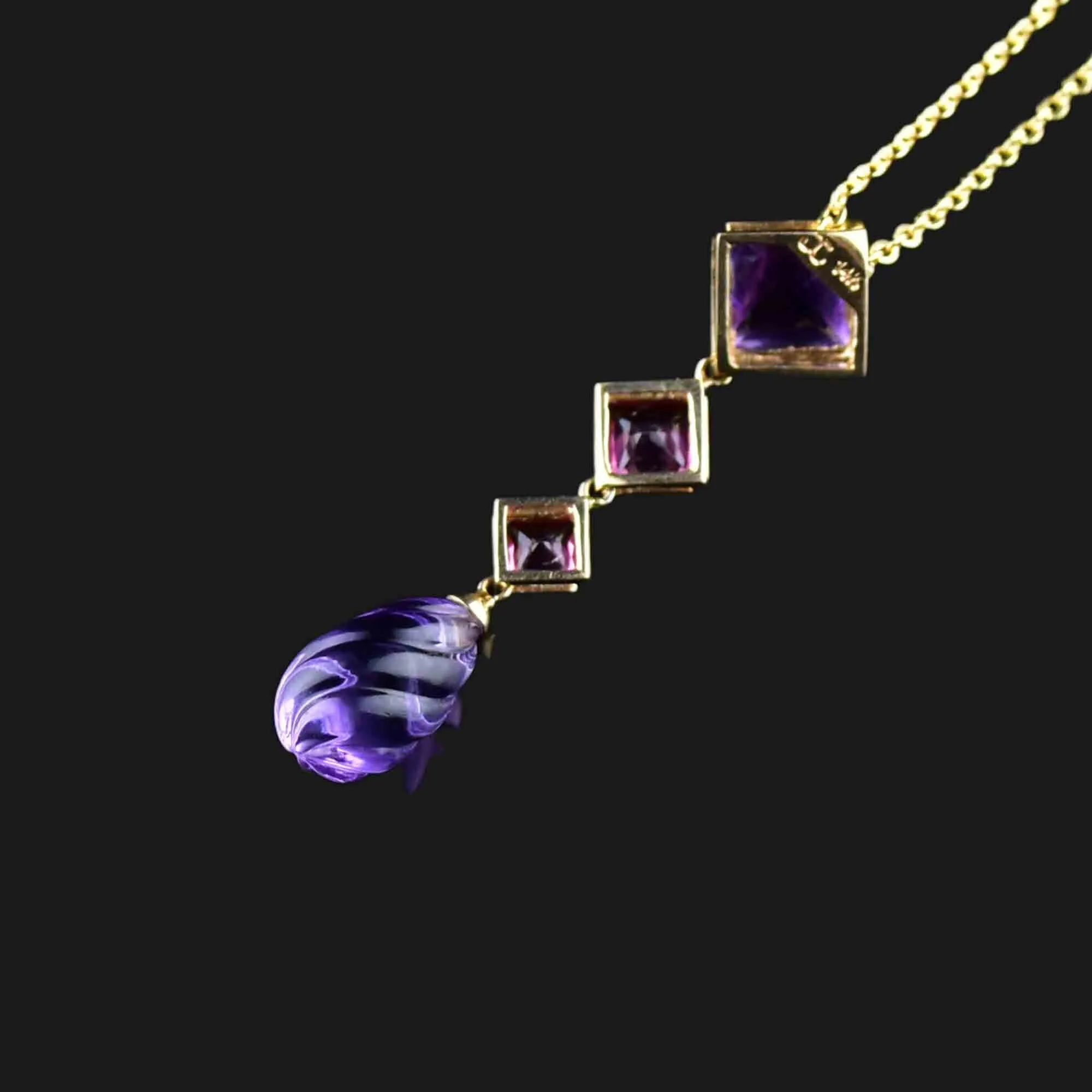 Vintage 14K Gold Tourmaline Sugarloaf Amethyst Pendant Necklace