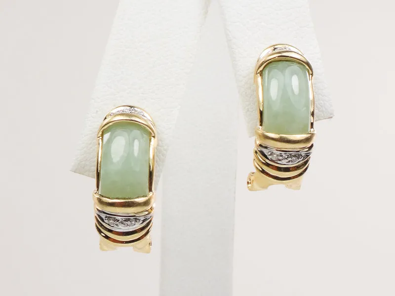 Vintage 14k Yellow Gold Chrysoprase and Diamond Accent Earrings with Omega Backs, Light Green Jade Look Earrings