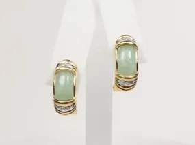 Vintage 14k Yellow Gold Chrysoprase and Diamond Accent Earrings with Omega Backs, Light Green Jade Look Earrings