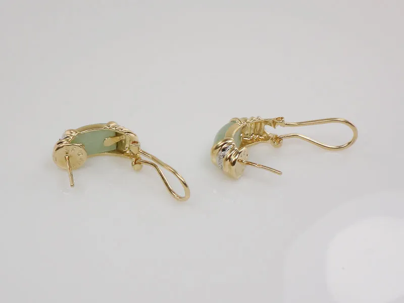 Vintage 14k Yellow Gold Chrysoprase and Diamond Accent Earrings with Omega Backs, Light Green Jade Look Earrings