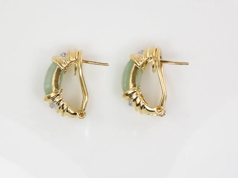 Vintage 14k Yellow Gold Chrysoprase and Diamond Accent Earrings with Omega Backs, Light Green Jade Look Earrings