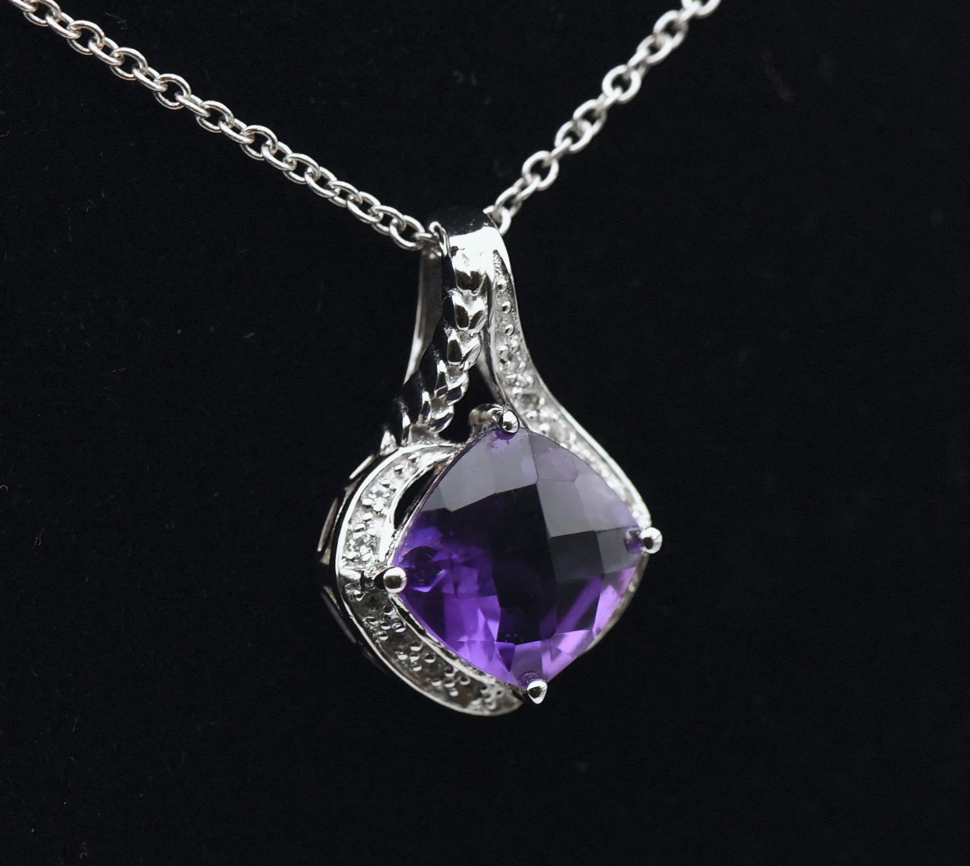 Vintage Amethyst and Rock Crystal Sterling Silver Pendant on Sterling Chain Necklace - 18"