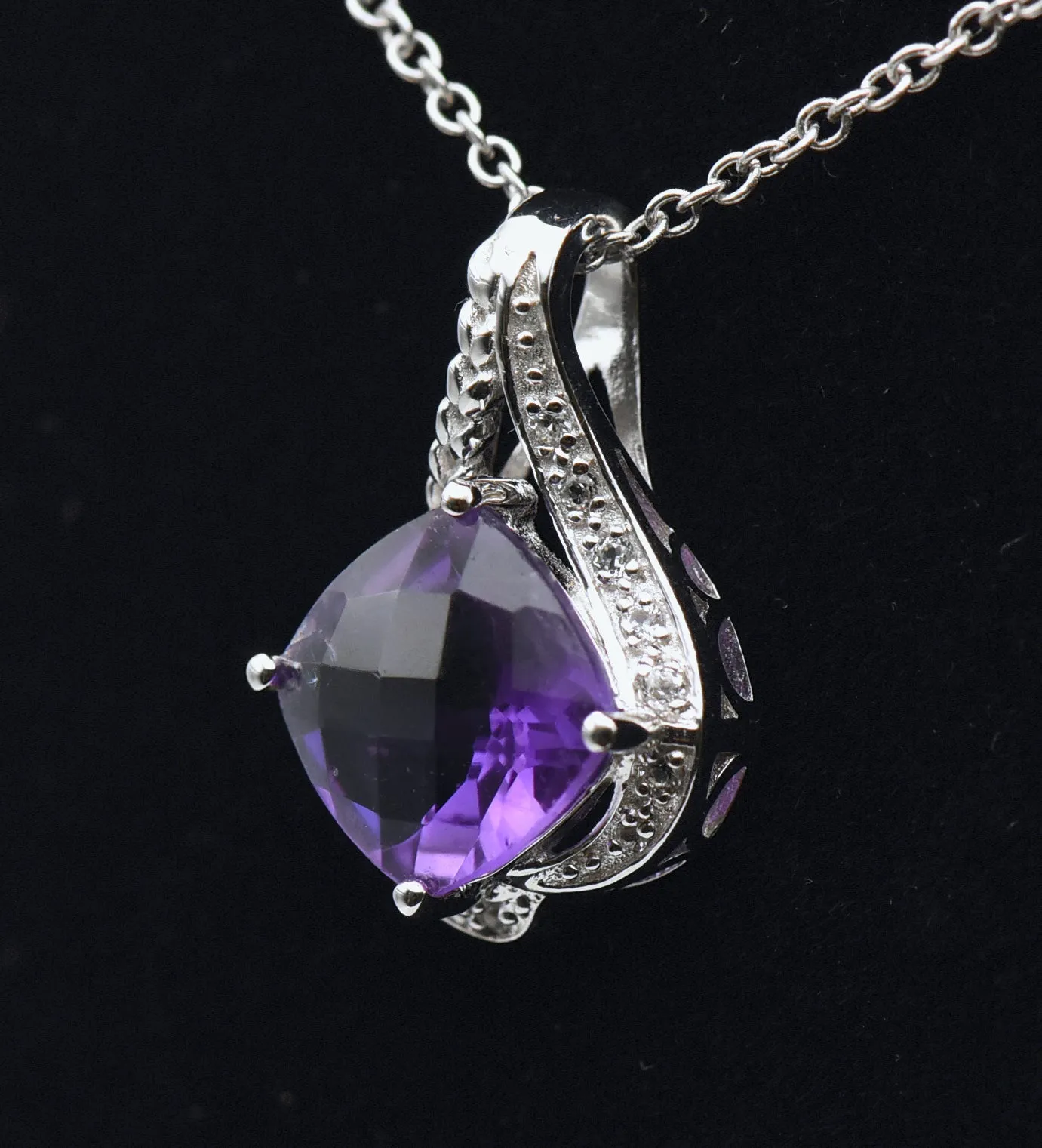 Vintage Amethyst and Rock Crystal Sterling Silver Pendant on Sterling Chain Necklace - 18"