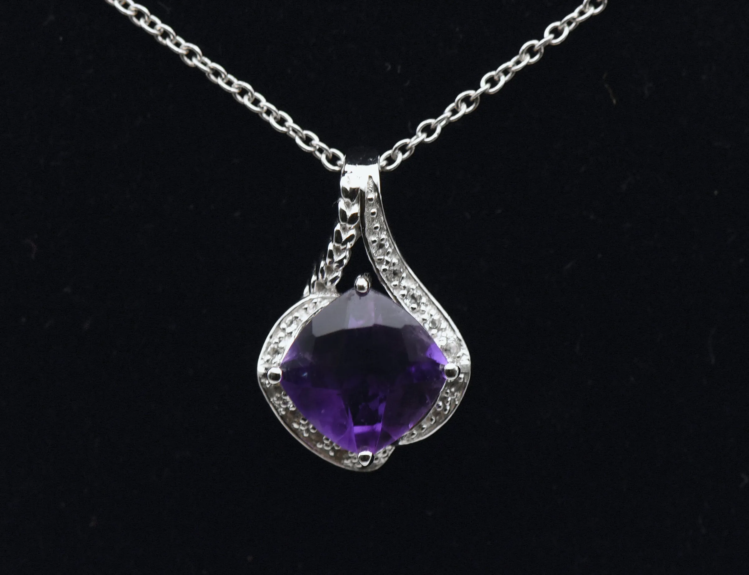 Vintage Amethyst and Rock Crystal Sterling Silver Pendant on Sterling Chain Necklace - 18"