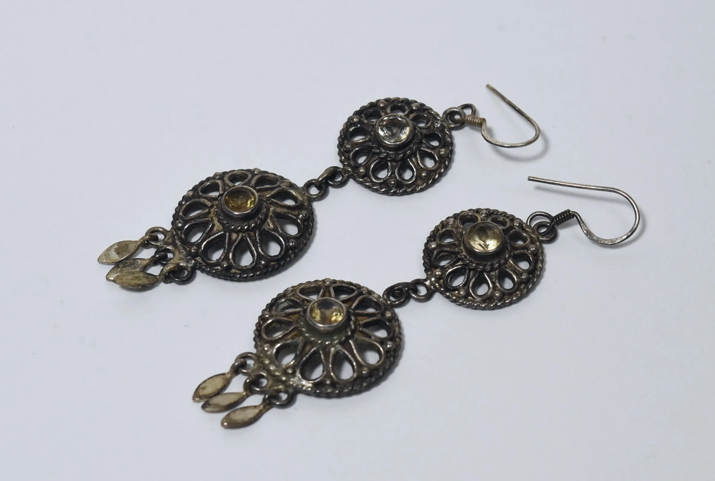 Vintage Citrine Filigree Sterling Silver Dangle Earrings