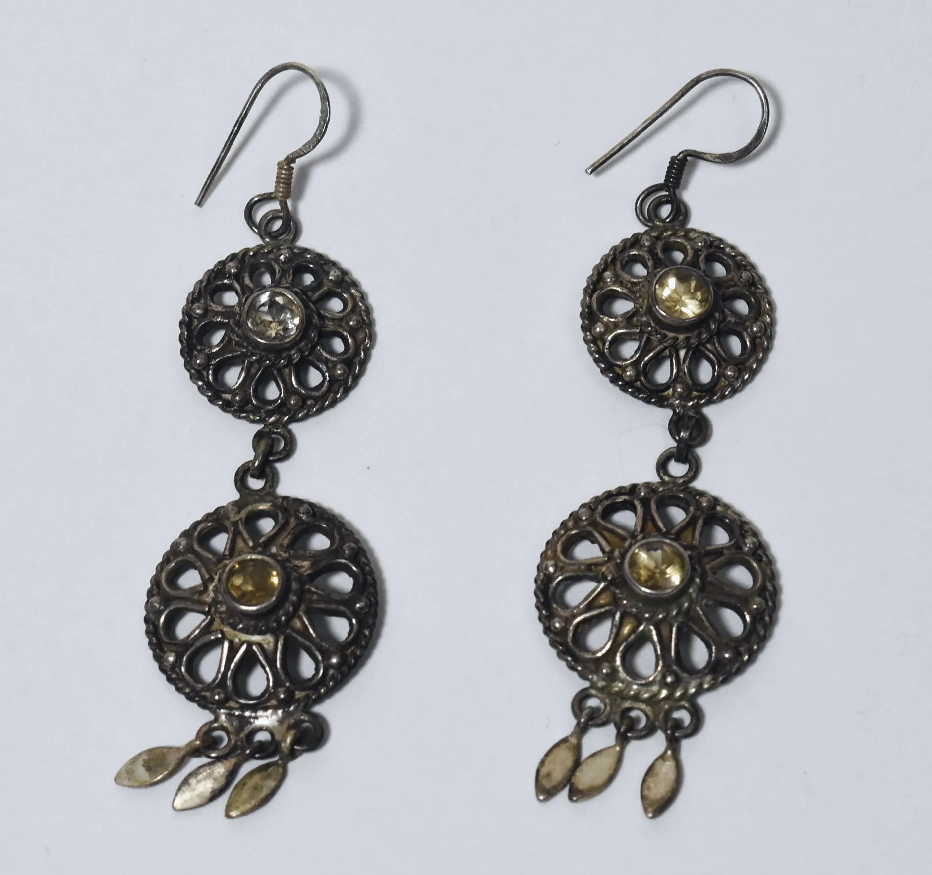 Vintage Citrine Filigree Sterling Silver Dangle Earrings