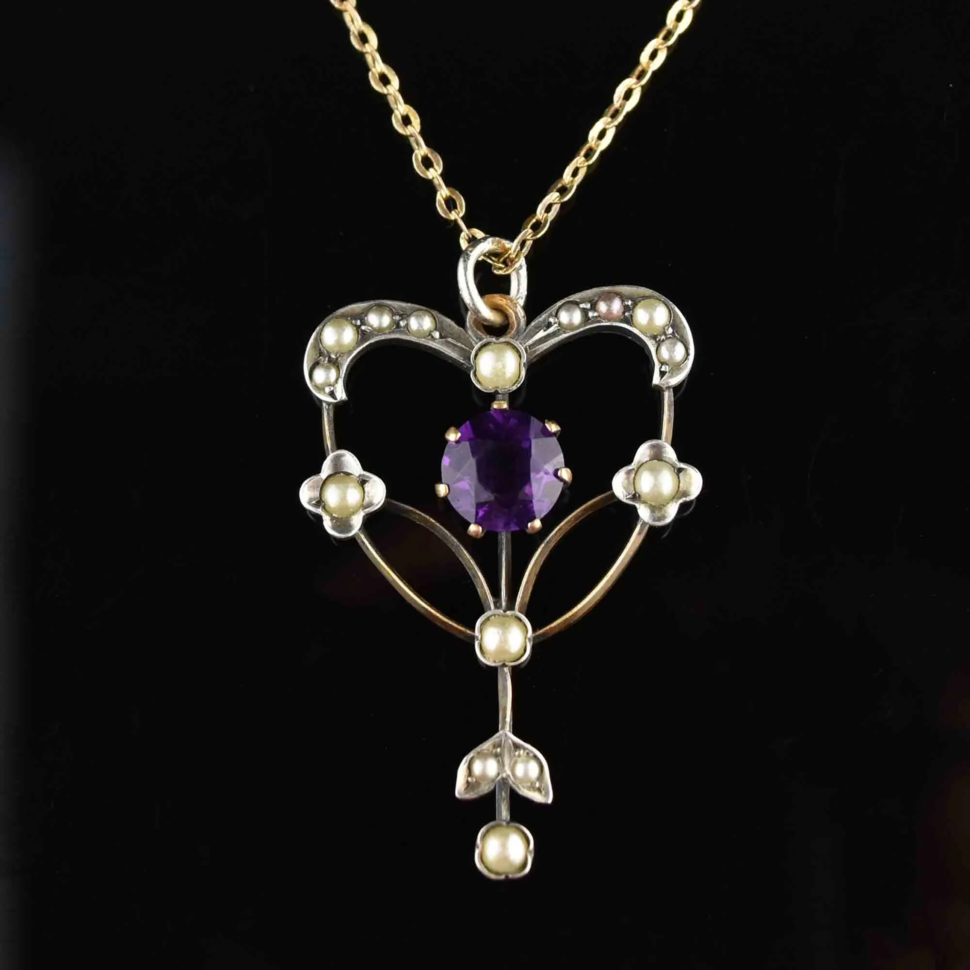 Vintage Edwardian Amethyst Seed Pearl Lavaliere Pendant Necklace