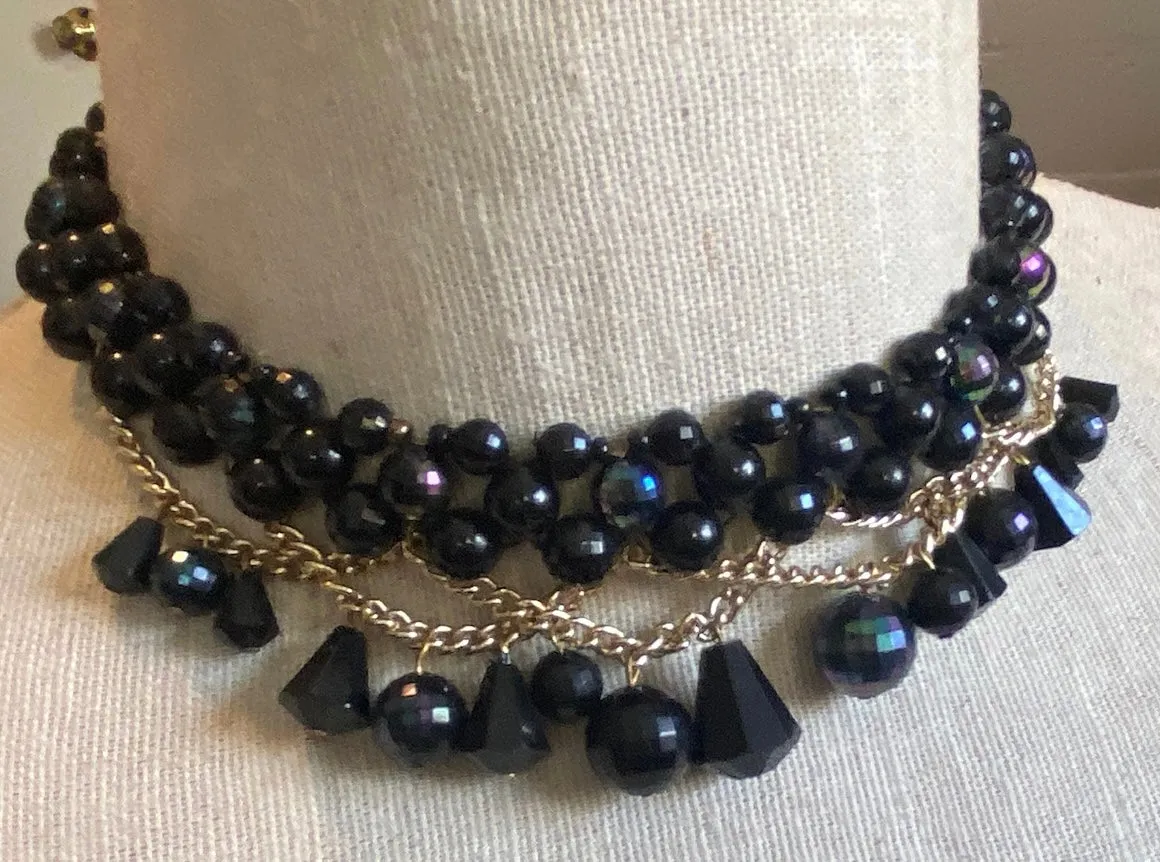 Vintage Germany Faceted AB Aurora Borealis Black Bead Necklace Choker