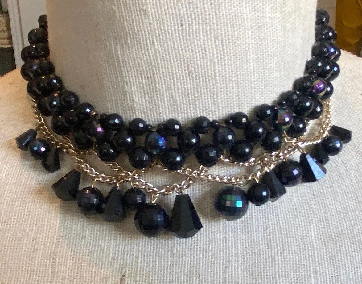 Vintage Germany Faceted AB Aurora Borealis Black Bead Necklace Choker