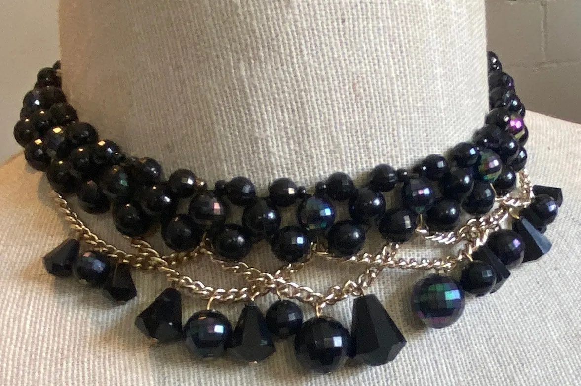 Vintage Germany Faceted AB Aurora Borealis Black Bead Necklace Choker