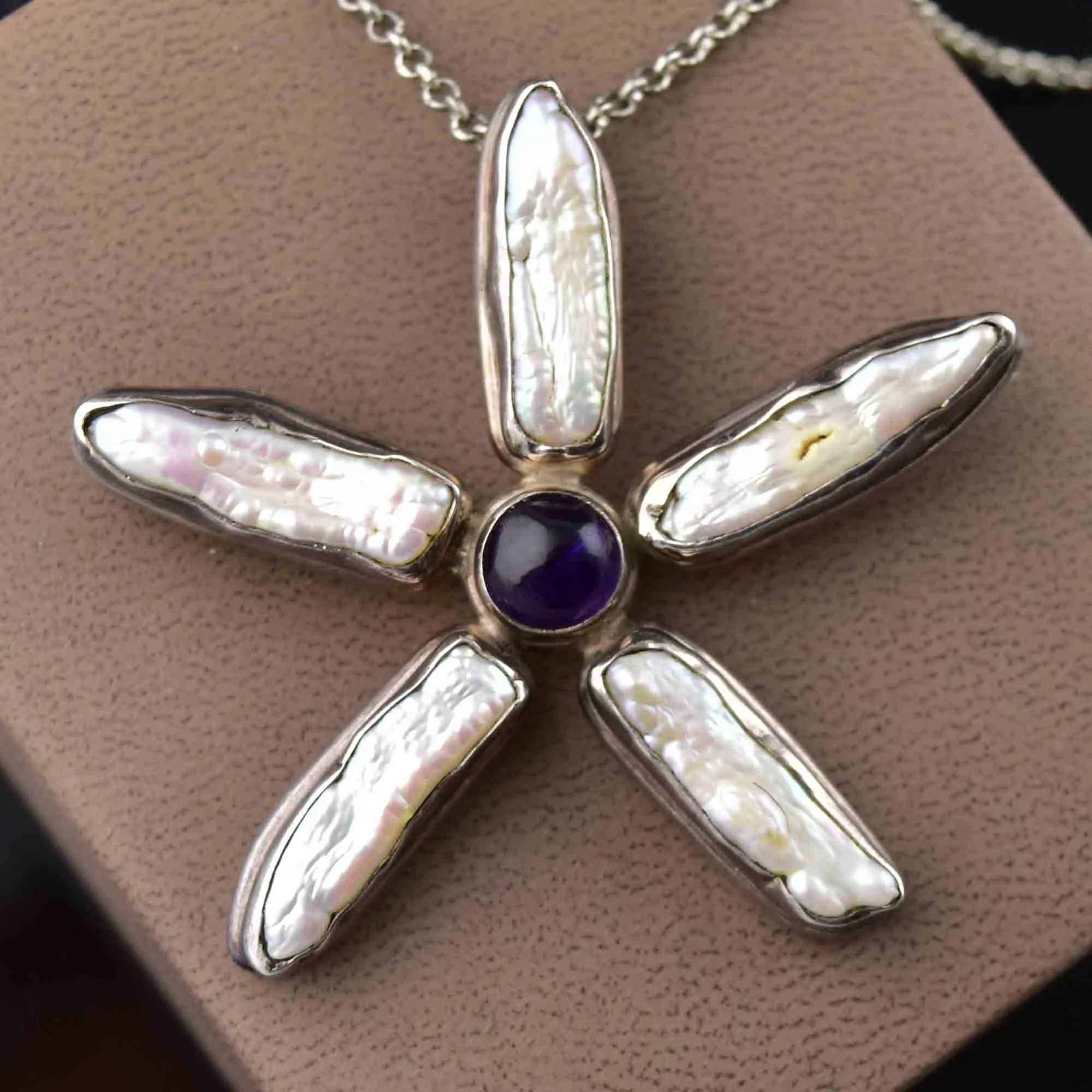 Vintage Silver Amethyst Baroque Pearl Star Pendant Necklace