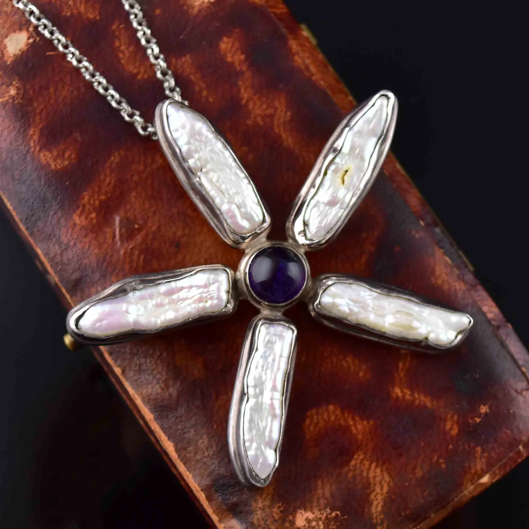 Vintage Silver Amethyst Baroque Pearl Star Pendant Necklace