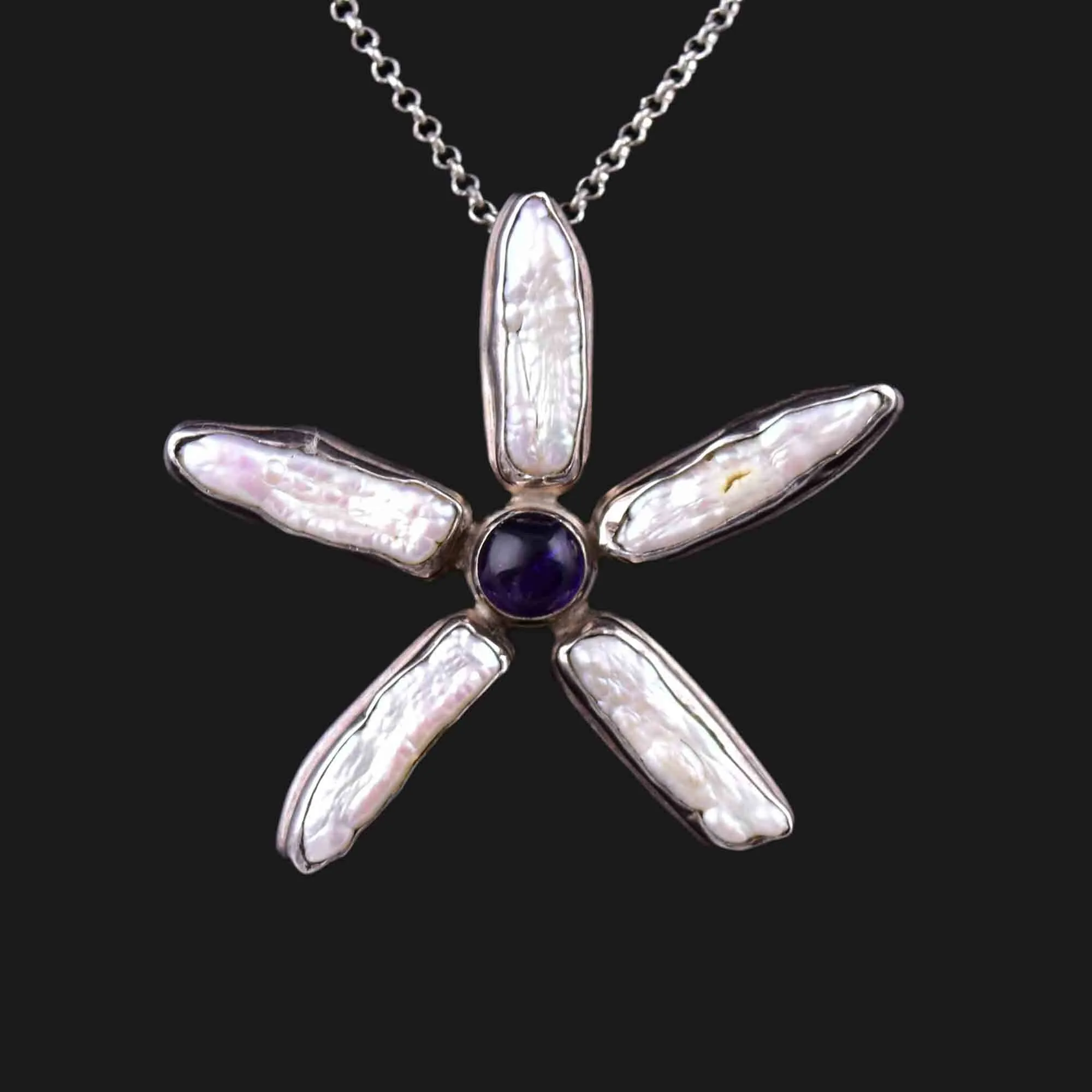 Vintage Silver Amethyst Baroque Pearl Star Pendant Necklace