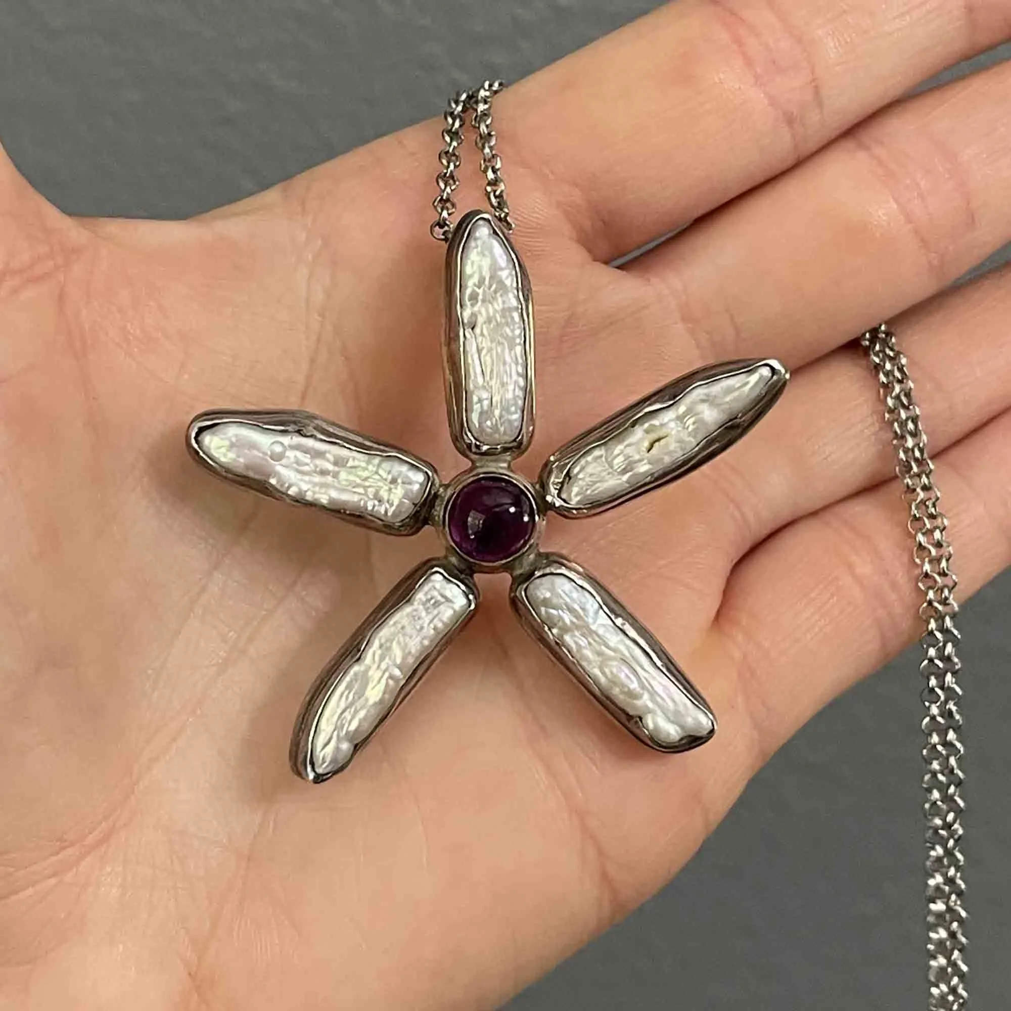 Vintage Silver Amethyst Baroque Pearl Star Pendant Necklace