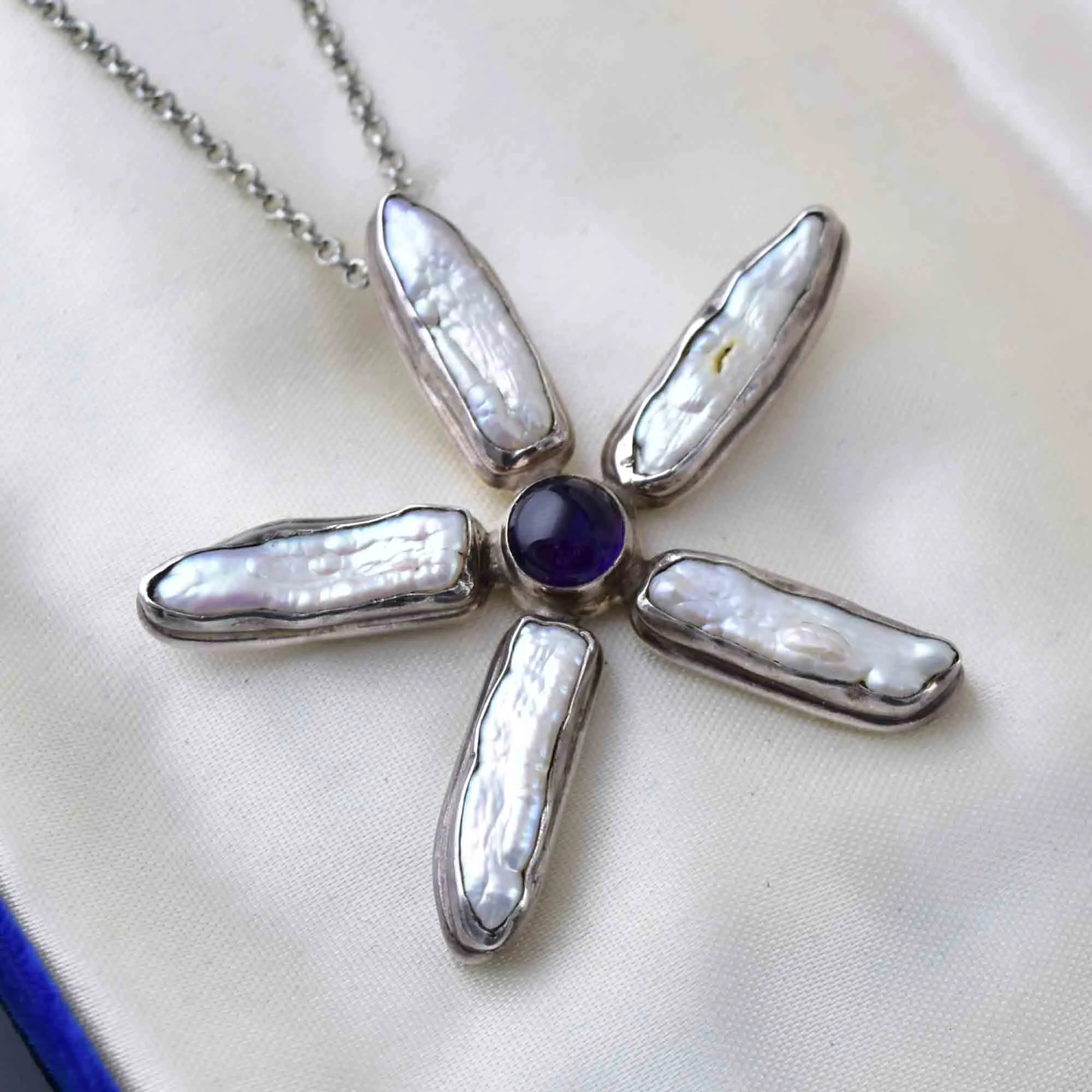 Vintage Silver Amethyst Baroque Pearl Star Pendant Necklace