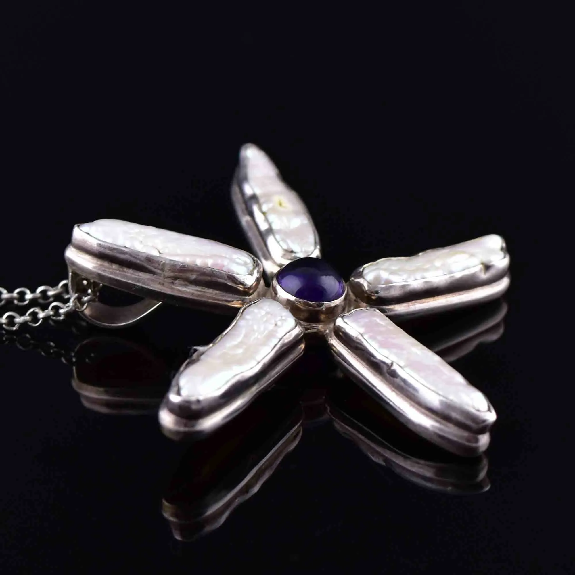 Vintage Silver Amethyst Baroque Pearl Star Pendant Necklace