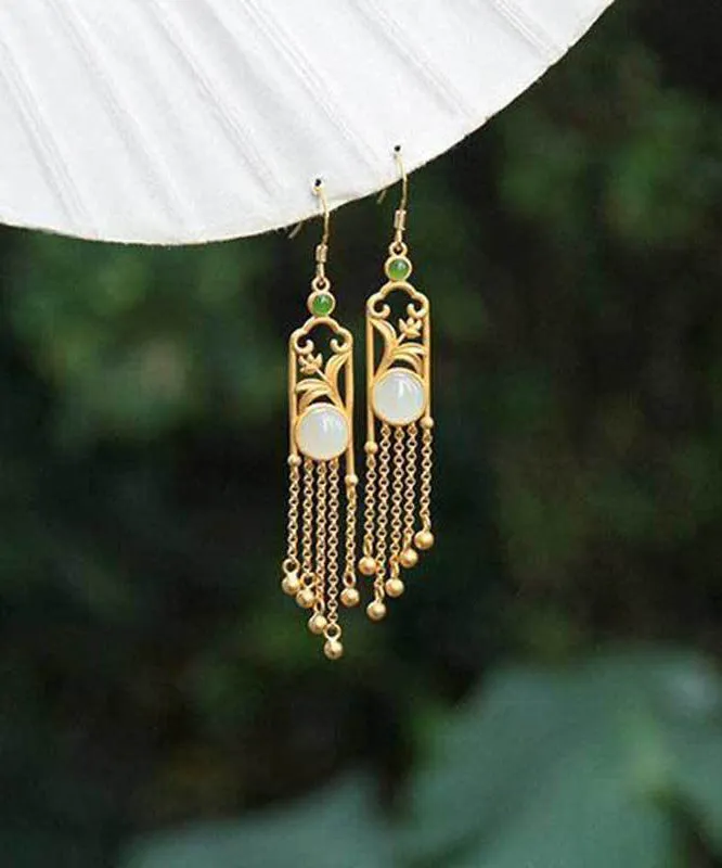 Vogue White Tassel Gold Plated Inlaid Hetian Jade Drop Earringss