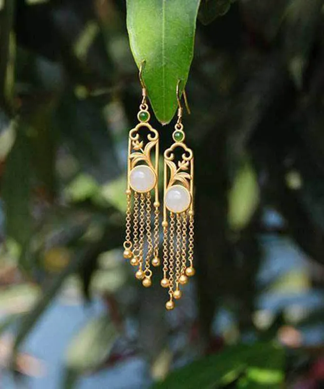 Vogue White Tassel Gold Plated Inlaid Hetian Jade Drop Earringss