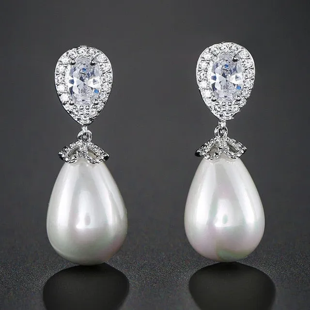 Water Drop Shape Bridal Pearl Earrings  AAA Cubic Zirconia Long Drop Earrings